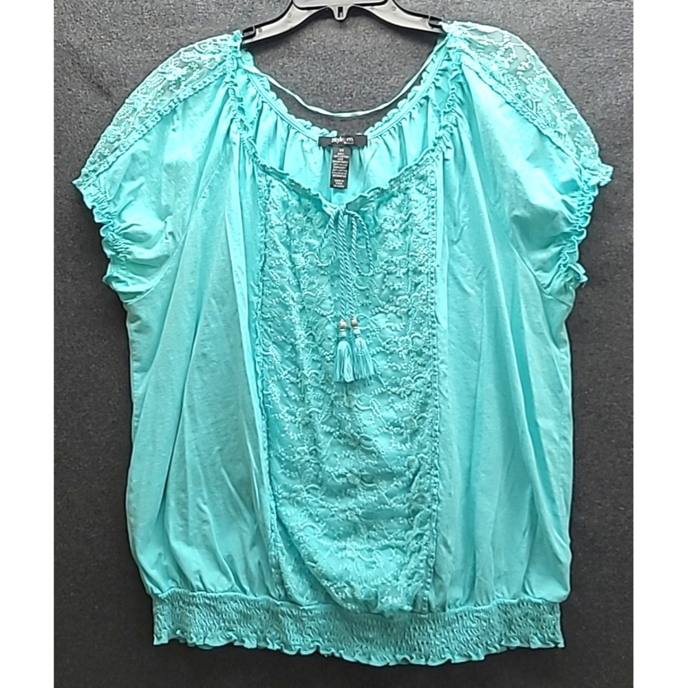 Style & Co Woman Turquoise Cotton Lace Top 3X Smocked Bottom Vacation cruise